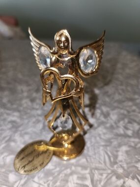 Vintage 24K Gold Plated Gold Angel Figurine withAustrian  Crystal Accents/ Tag